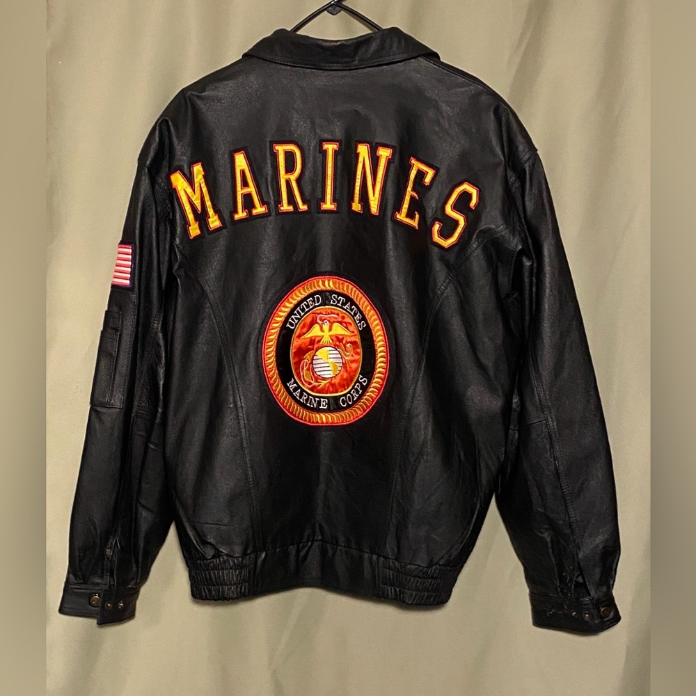 US Marine Corps Military Vintage 90’s Leather Jacket Patches Leather USA 3XL